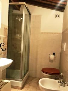 uma casa de banho com um WC, um lavatório e um chuveiro em Poggio Cantarello Vacanze em Chiusi