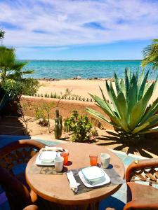 拉巴斯的住宿－Casa Kootenay Waterfront Bnb，海滩上一张带食物盘的桌子