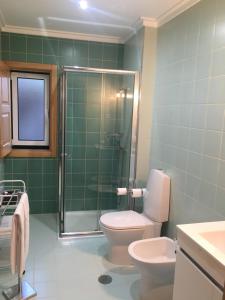 Porto da Carne的住宿－Casas do Mondego，一间带卫生间和玻璃淋浴间的浴室
