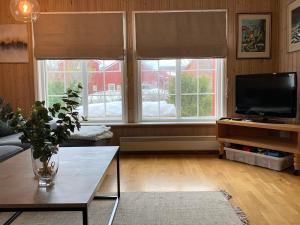 - un salon avec une télévision et 2 fenêtres dans l'établissement 5-Bedroom House in Lofoten, à Ramberg