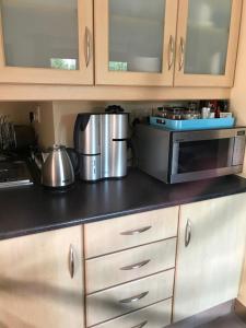 a kitchen with wooden cabinets and a counter top at Wine Cottage by the Sea in Helderberg