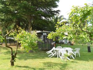 un grupo de mesas y sillas blancas en un parque en B&B La Quercia, en Orte