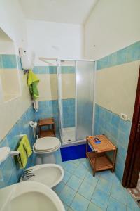 ein blau gefliestes Bad mit 2 WCs und einer Dusche in der Unterkunft SoleMarePonza casa Antonietta in Ponza