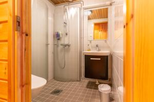 a bathroom with a shower and a sink and a toilet at Kuukkeli Log Houses Teerenpesä in Saariselka