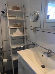baño con lavabo y escalera junto a un estante en Ferienwohnung Waldblick, en Todtnau