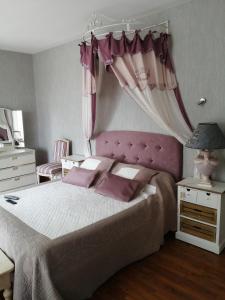ein Schlafzimmer mit einem großen Bett mit einem rosa Baldachin in der Unterkunft Gîte de l'Aqueduc in Le Douhet