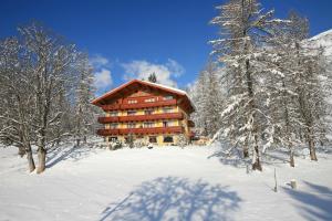 duży drewniany budynek w śniegu z drzewami w obiekcie Hotel Rösslhof w mieście Ramsau am Dachstein