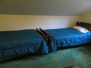 a bedroom with two beds with blue comforters at Fishing Creek Lodge at Ricketts in Benton
