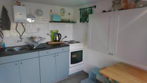 a small kitchen with a stove and a sink at Bocke Beach House in Novi Sad