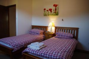 duas camas num quarto de hotel com toalhas em Llanerchindda Farm Guest House em Cynghordy