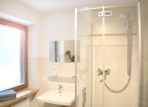 a bathroom with a shower and a sink at Pension Almhof Baumgarten in Bad Reichenhall +37 photos
