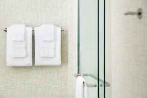 懷俄明的住宿－Holiday Inn Express & Suites - Grand Rapids South - Wyoming, an IHG Hotel，浴室的墙壁上挂着白色毛巾