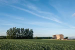 a large field with a house in the background at Albergue turístico "La Fábrica" in Tardajos