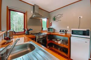 una cucina con lavandino e piano cottura forno superiore di The Whistling Frog Resort a Chaslands