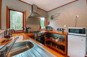 cocina con fregadero y fogones horno superior en The Whistling Frog Resort, en Chaslands