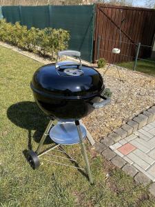 a grill sitting in the grass in a yard at Apartmány Nad Parkem in Broumov