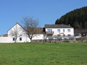 a white house on a hill with a green field at Sabine’s Gästehaus in Übereisenbach