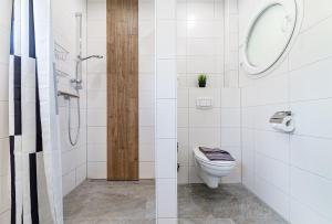 a bathroom with a toilet and a shower at Haus Pirola Bensersiel in Bensersiel