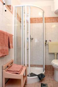 een badkamer met douche en toilet bij Apartment or room at Irena's in Piran