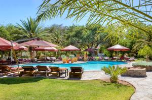 a swimming pool with patio furniture and umbrellas at Namib Desert Campsite in Solitaire