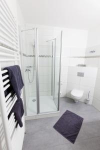 a white bathroom with a shower and a toilet at Hotel Pfennigskrug in Herford