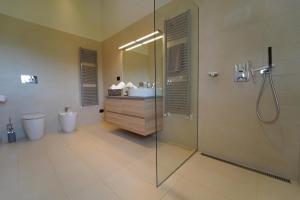Villa La Braja في Licciana Nardi: حمام مع دش ومرحاض ومغسلة