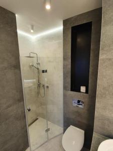 a bathroom with a shower and a toilet at Iława Apartamenty in Iława