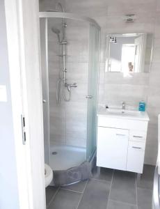 a bathroom with a shower and a toilet and a sink at Dom Wakacyjny Jastrzębia Góra in Jastrzębia Góra