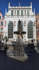 a fountain in front of a large building at Comfy Apartments - Old Town Center in Gdańsk