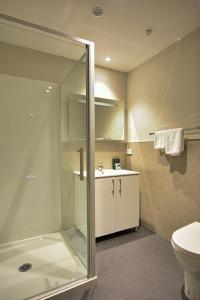 
a bathroom with a toilet, sink, and shower at Autoline Queenstown Motel in Queenstown
