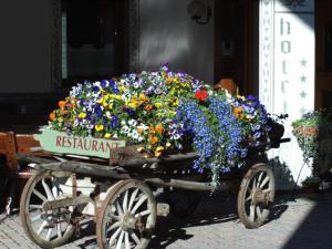 un carro de madera lleno de flores de colores en Hotel Baita Fiorita en Santa Caterina Valfurva