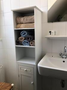 a bathroom with a sink and a towel rack with towels at Apartment Zonnehoek in Aagtekerke