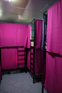 モスクワにあるTravel Inn Timiryazevskayaのピンクのカーテンが備わる部屋