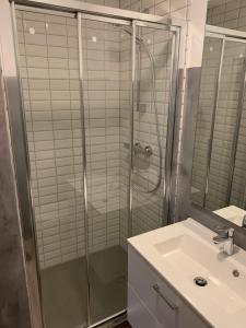 een badkamer met een douche en een wastafel bij Rue de la banque centre ville Rodez in Rodez