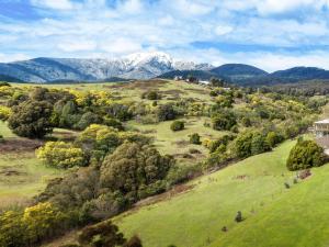 an aerial view of a field with mountains in the background at The Sebel Pinnacle Valley in Merrijig