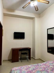 a bedroom with a desk and a tv on the wall at Hotel Diana in San Juan de los Lagos