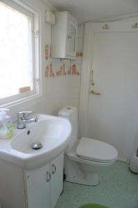 uma casa de banho com um lavatório branco e um WC. em Karlholm Snatra Stugområde em Karlholmsbruk