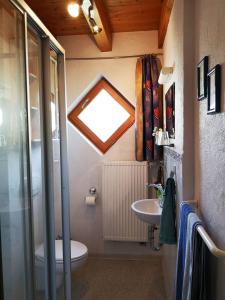 uma casa de banho com um lavatório, um WC e uma janela. em Sinnglück em Obersinn