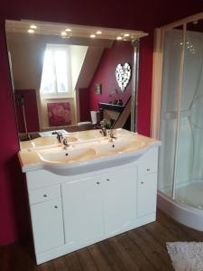 La salle de bains est pourvue d'un lavabo et d'un grand miroir. dans l'établissement La Chambre d'hôte de Christelle, à Cherbourg en Cotentin