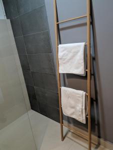 a towel rack in a bathroom with a shower at Casa Alea in Ulcinj +39 photos
