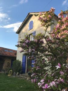 a house with a flowering tree in front of it at Domaine de Montagnol in Sauveterre