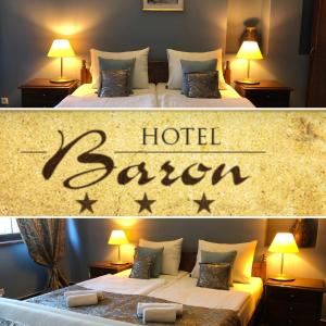 a hotel room with two beds and a hotel saayan sign at Hotel Baron in Jelenia Góra