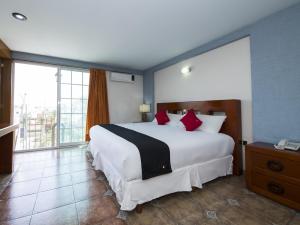 a bedroom with a large white bed with red pillows at Suites de Reyes in Irapuato