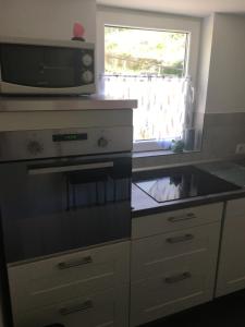 a kitchen with a stove and a microwave and a window at Haus Lindenteichblick 1 in Atzenhausen