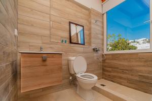 uma casa de banho com um WC, um lavatório e uma janela em Dimelal Mykonos Town Apartments em Míconos