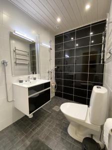 a bathroom with a white toilet and a sink at Cosy studio apartment - perfect for your stay in Rovaniemi! in Rovaniemi