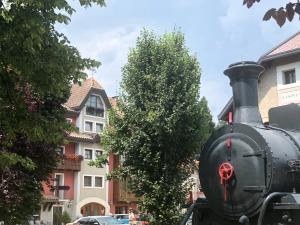 un tren está estacionado frente a un edificio en Hotel Vecchia Stazione Mountain Elegance, en Roana