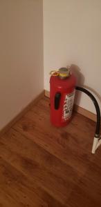 a red fire hydrant sitting on top of a wooden floor at Résidence Mantekila in Marcinelle