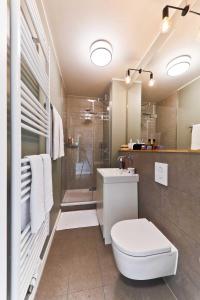 La salle de bains est pourvue de toilettes, d'un lavabo et d'une douche. dans l'établissement Bellevue Wohnung 2, à Scharbeutz