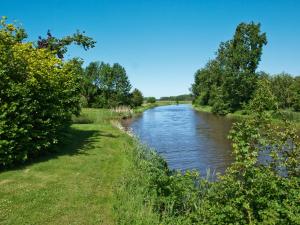 Wittelte的住宿－Landgoed Wittelte Dwingeloo，一条有树的河